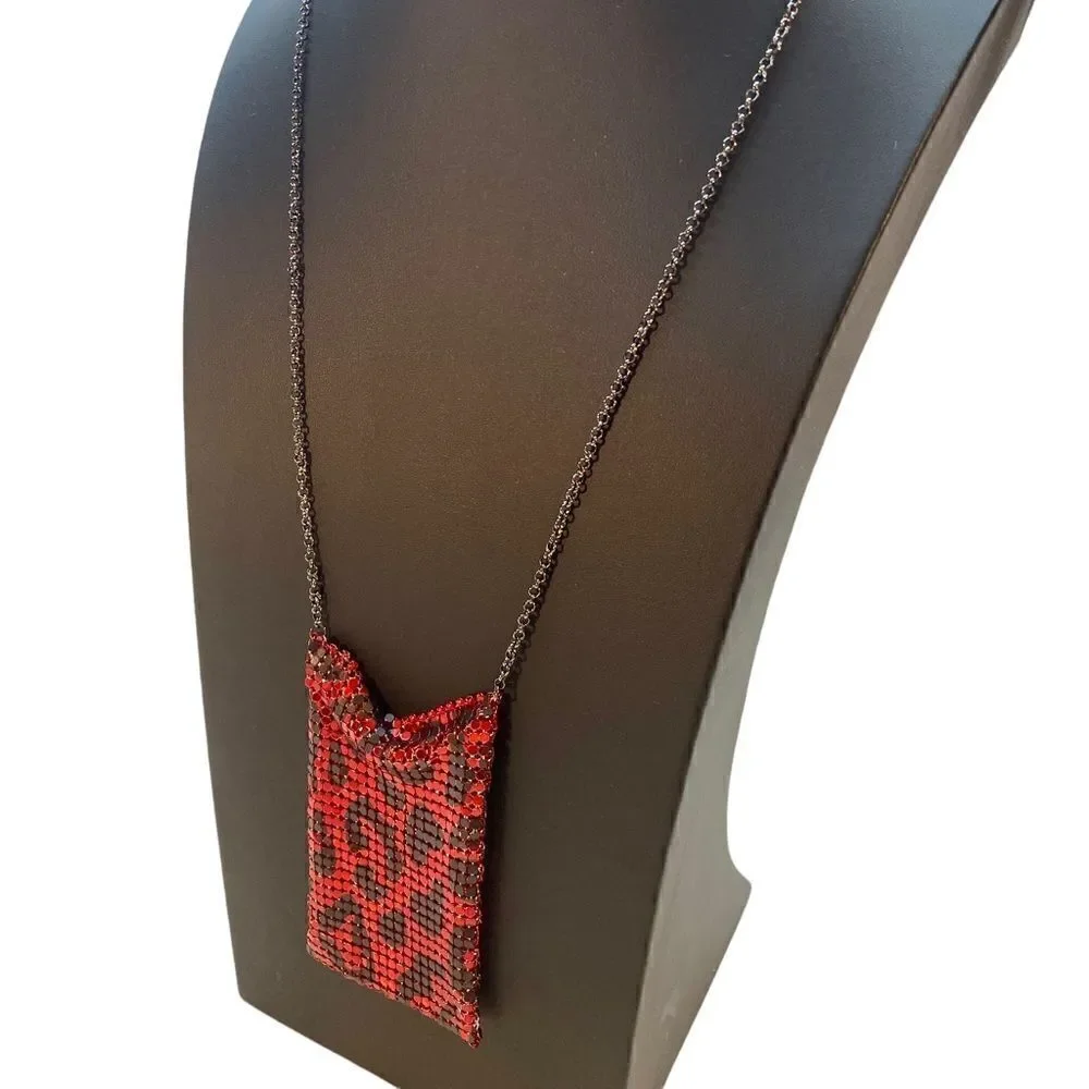 Betsey Johnson Red & Black Leopard Chainmaille Neck Purse.